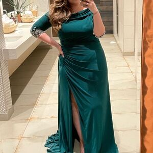 Mac Duggal Green Off-the-Shoulder Slit Gown for Prom